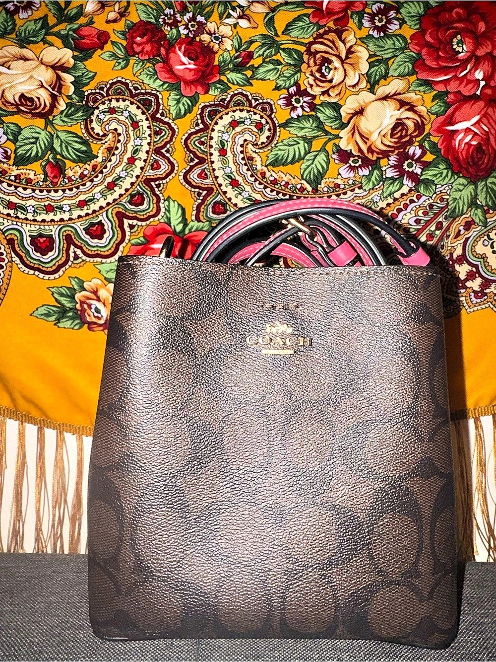 Coach Mini Bucket Bag In Signature Canvas Maple & Pink